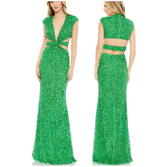 Mac Duggal NWT Green Cap Sleeve Cutout Waist Plunge Neck Sequin Dress Size 4 - Picture 1 of 10